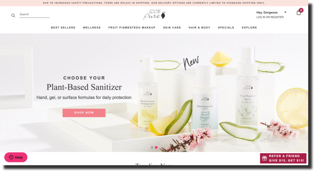 100% Pure cosmetic company website screenshot Ecommerce Website Designs