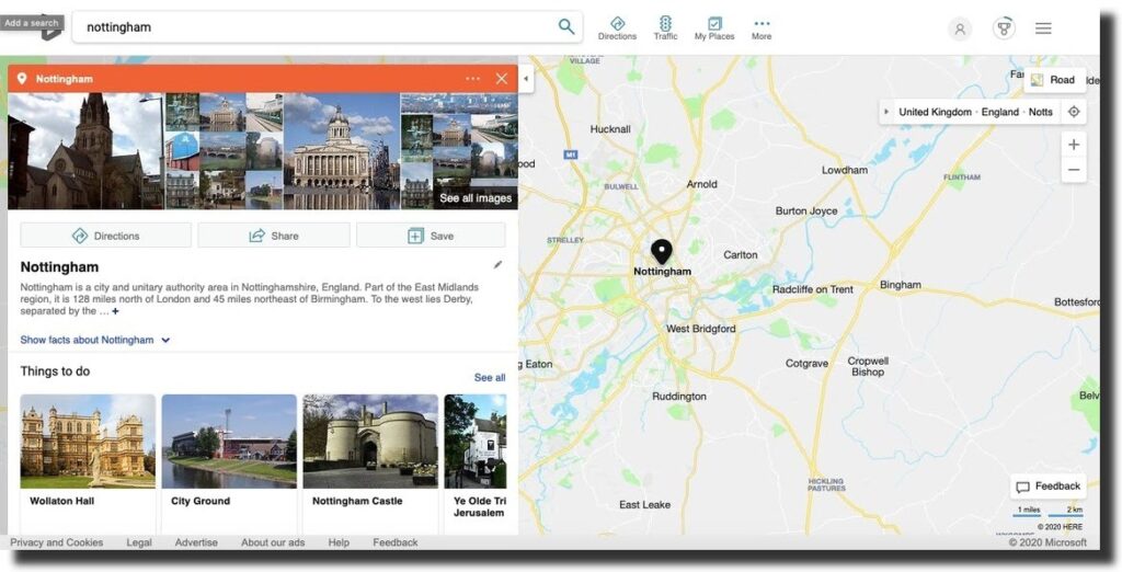Bing Maps screenshot search result Nottingham