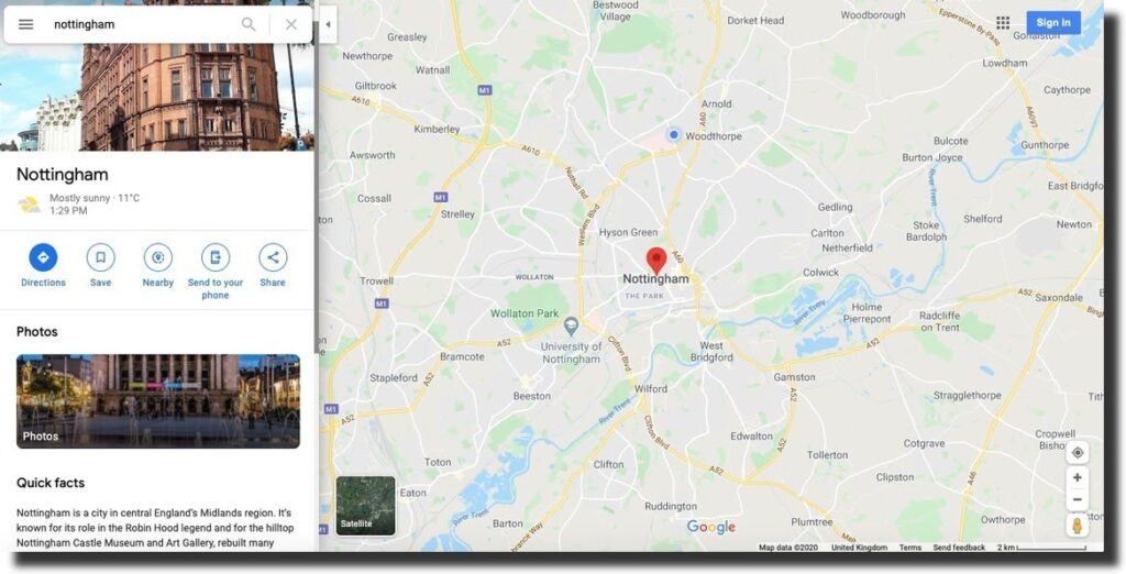 Google Maps screenshot search result Nottingham