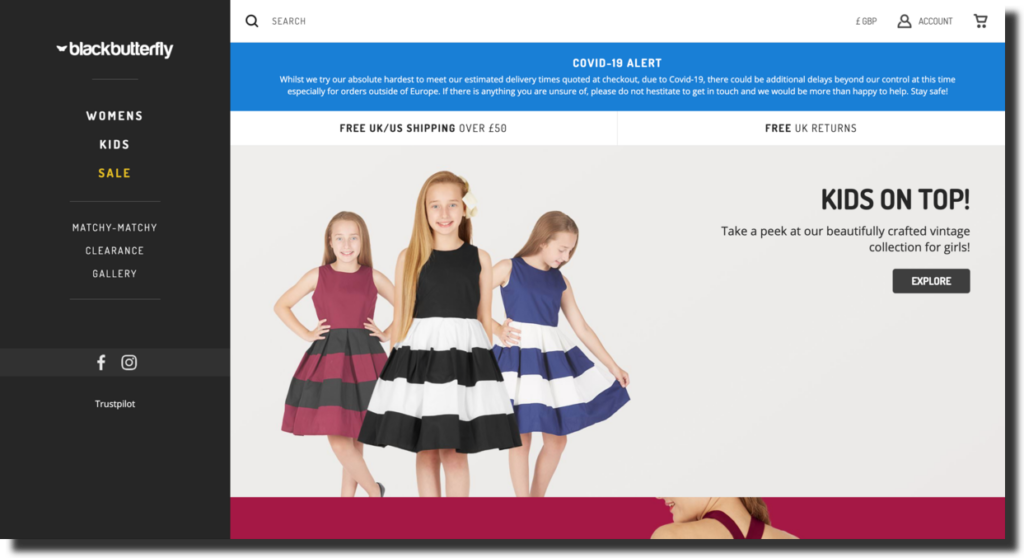 Black Butterfly online fashion retailer website screenshot Ecommerce Website Designs
