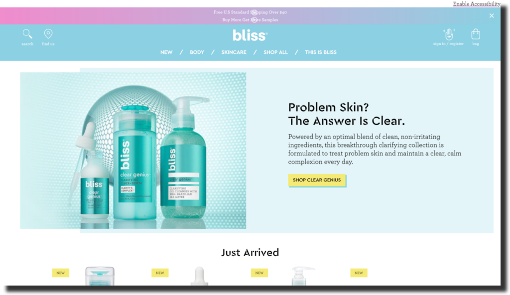 Bliss website screenshot skin-care brand Ecommerce Website Designs