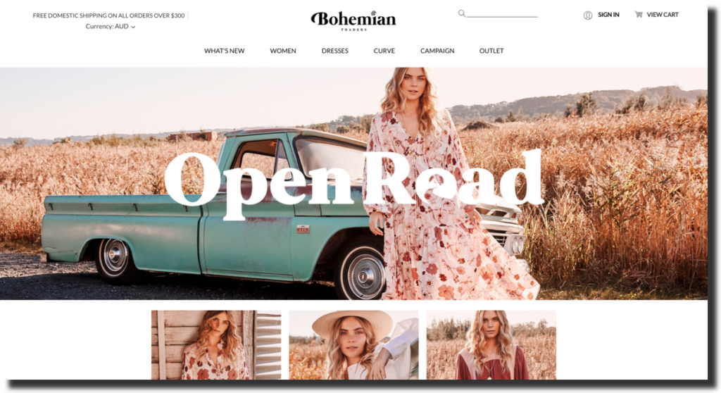 Bohemian Traders website screenshot fashion brand Ecommerce Website Designs