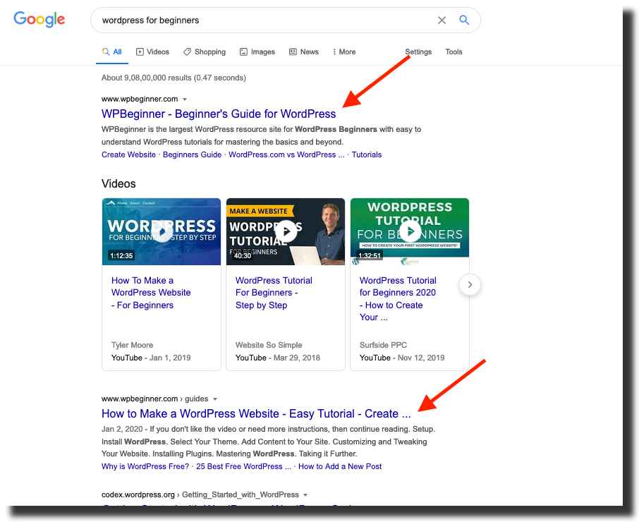 google search WordPress for beginners