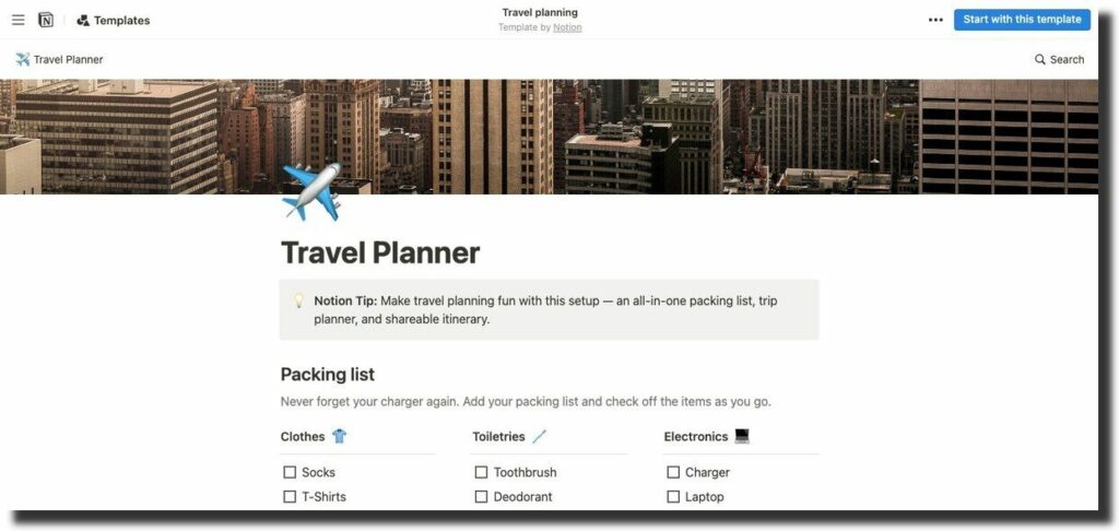 Travel Planning - notion templates