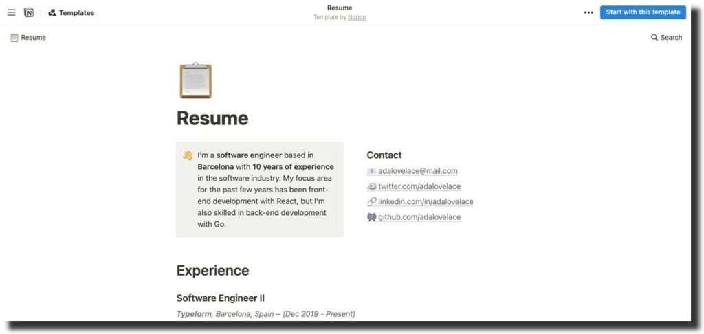 Resume notion template