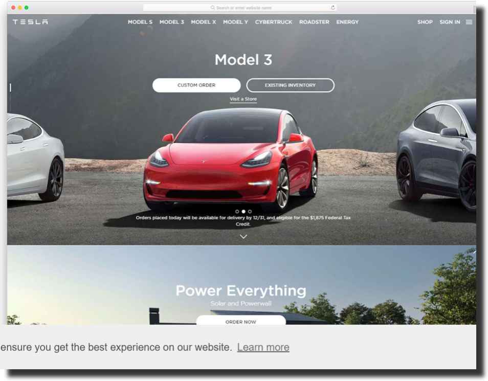 Tesla homepage layout