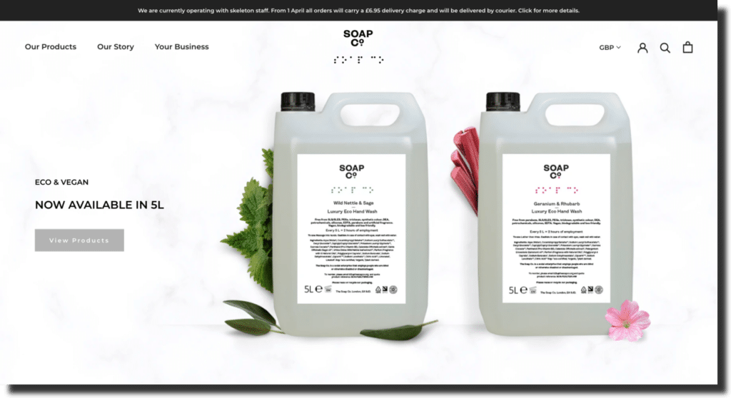 Soap Co. is an East London based skincare company website screenshot Ecommerce Website Designs